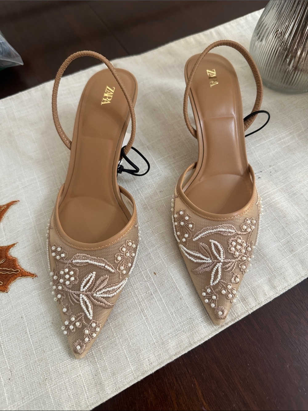 ZARA Beige Embellished Pointed Slingback Heels